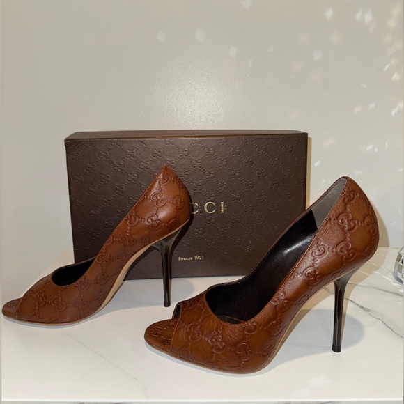 Gucci Guccissima High Heel Peep Toe Leather Pumps - 38 - Picture 5 of 9